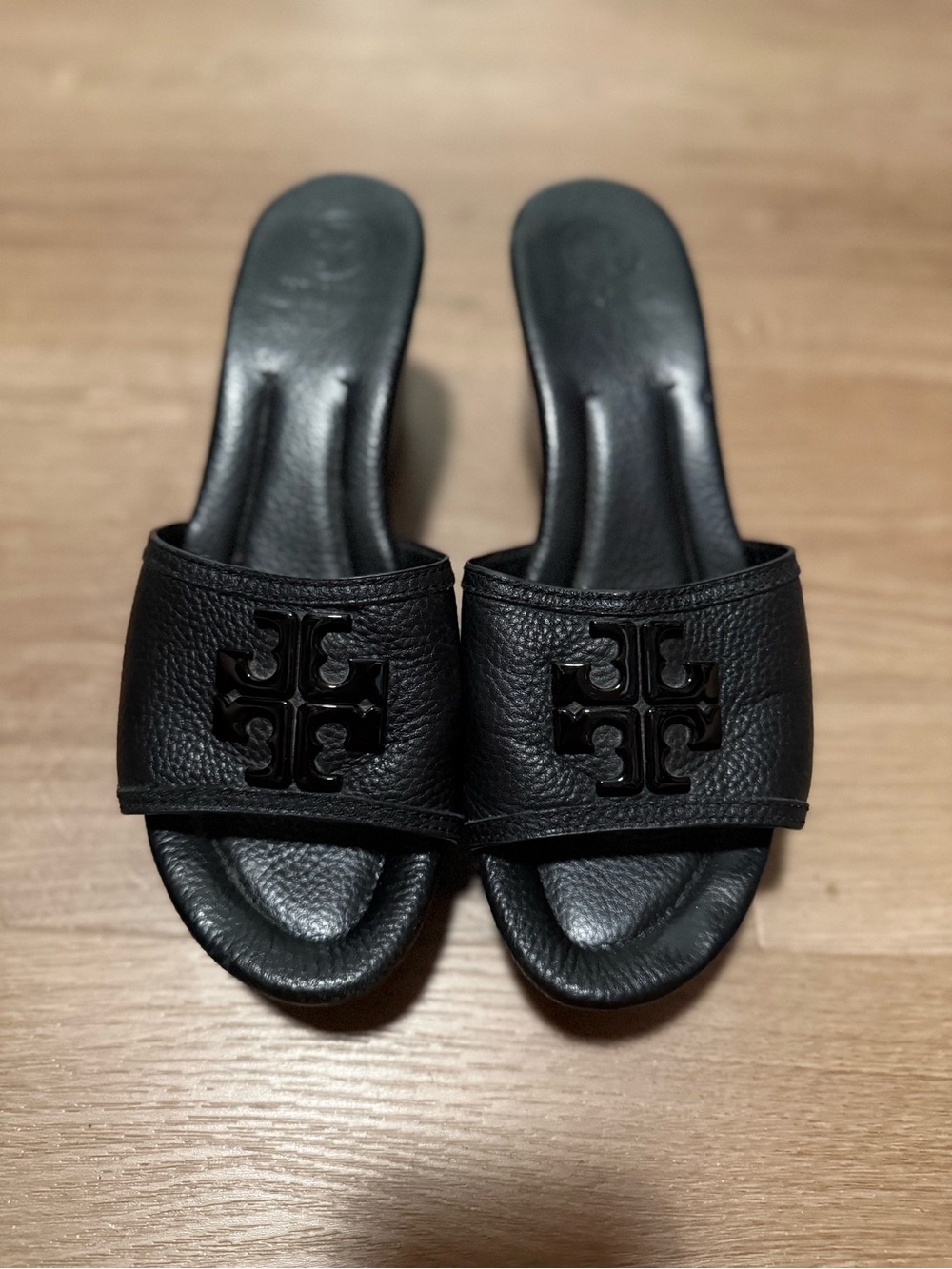 Tory Burch Black Leather Slide Sandals with Logo Accent